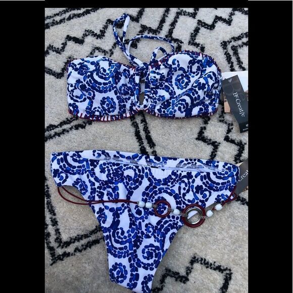 -11 NWT Be Creative Blue and white bikini with red trim waist jewelry.Size 10 - Picture 2 of 11